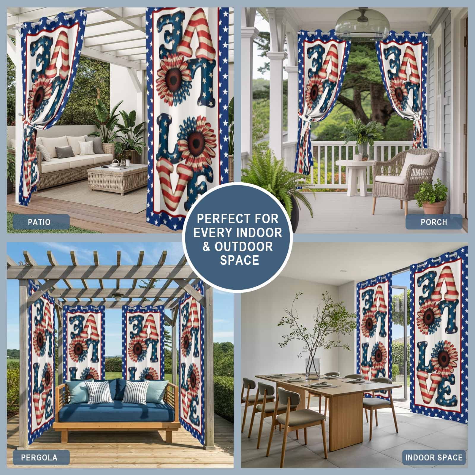 Independence Day Outdoor Curtains for Patio, Love U.S. Flag Sunflower Star Flag Day Sunshade Privacy Drapes Grommet Waterproof Outside Curtains for Porch/Cabana/Balcony 54"x 95", 2 Panel