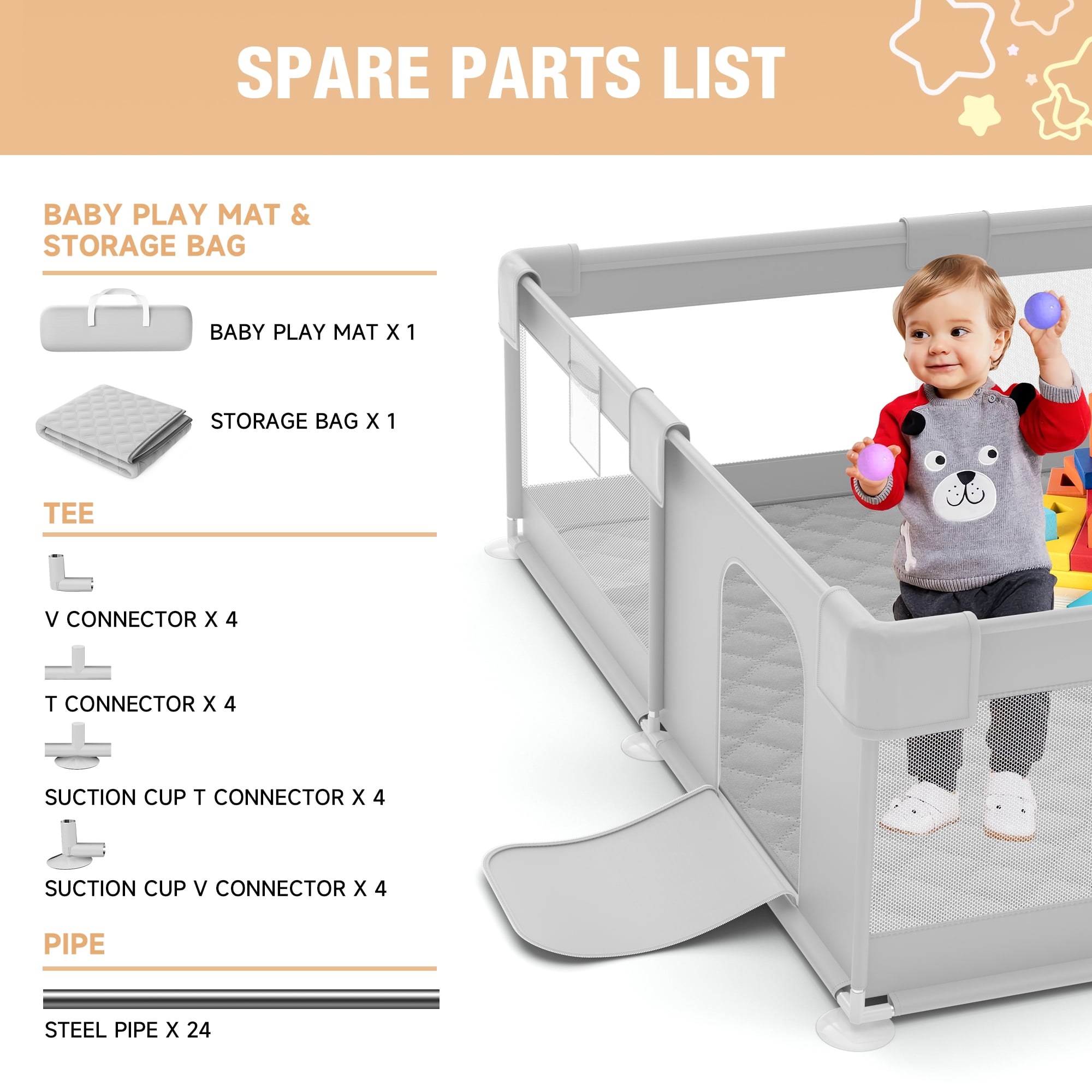 Babyeap Baby Playpen With Mat,50"x50"Play Pen for Babies and Toddlers,Play Yard With Gate for Indoor Outdoor,Light Gray