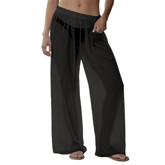 LEKODE Women See Through Sheer Mesh Loose Bottoms Swimsuit Bikini Cover Up Elastic Waist Wide Leg Pant Black L