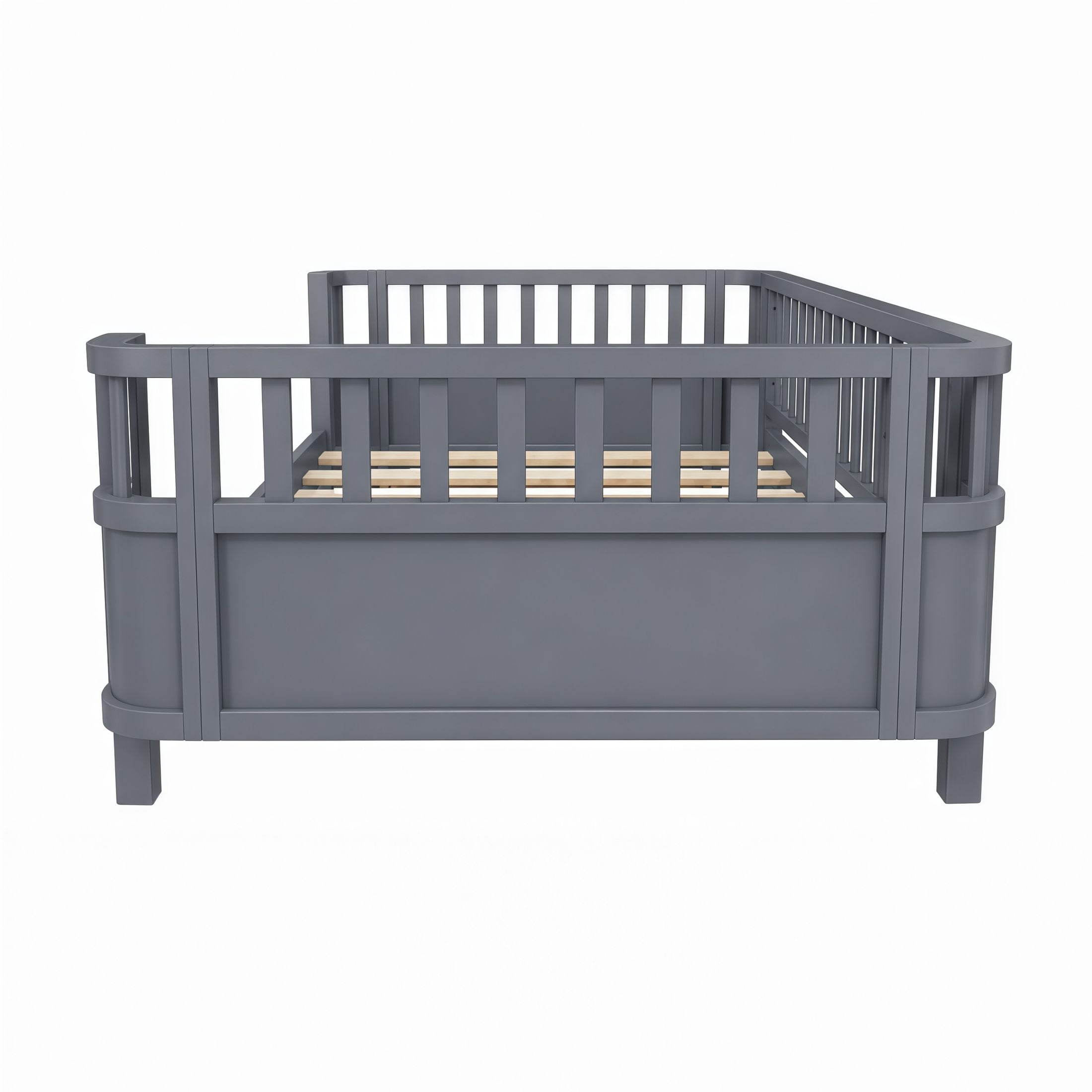 GDF Studio Darpel Twin Size Wooden Montessori Bed Frame with Guard Rails, Pine Wood Low-Profile Floor Kids Bed, Gray