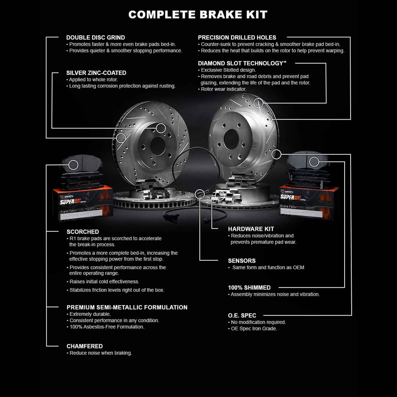 R1 Concepts Front Rear Brakes and Rotors Kit |Front Rear Brake Pads| Brake Rotors and Pads| Super Duty Brake Pads and Rotors| Hardware Kit| Sensor WGXS2-40007
