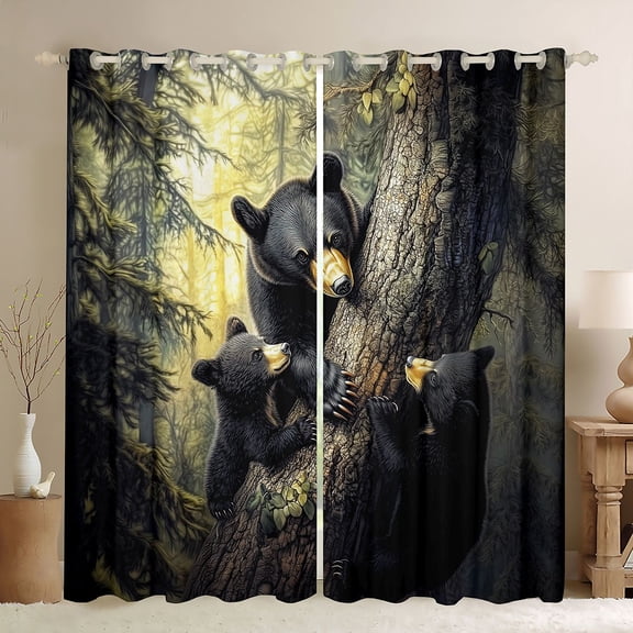 Feelyou 3D Bear Black Out Curtains, Tree Leaf Botanical Curtains Pack of 2 (42x63 Each)