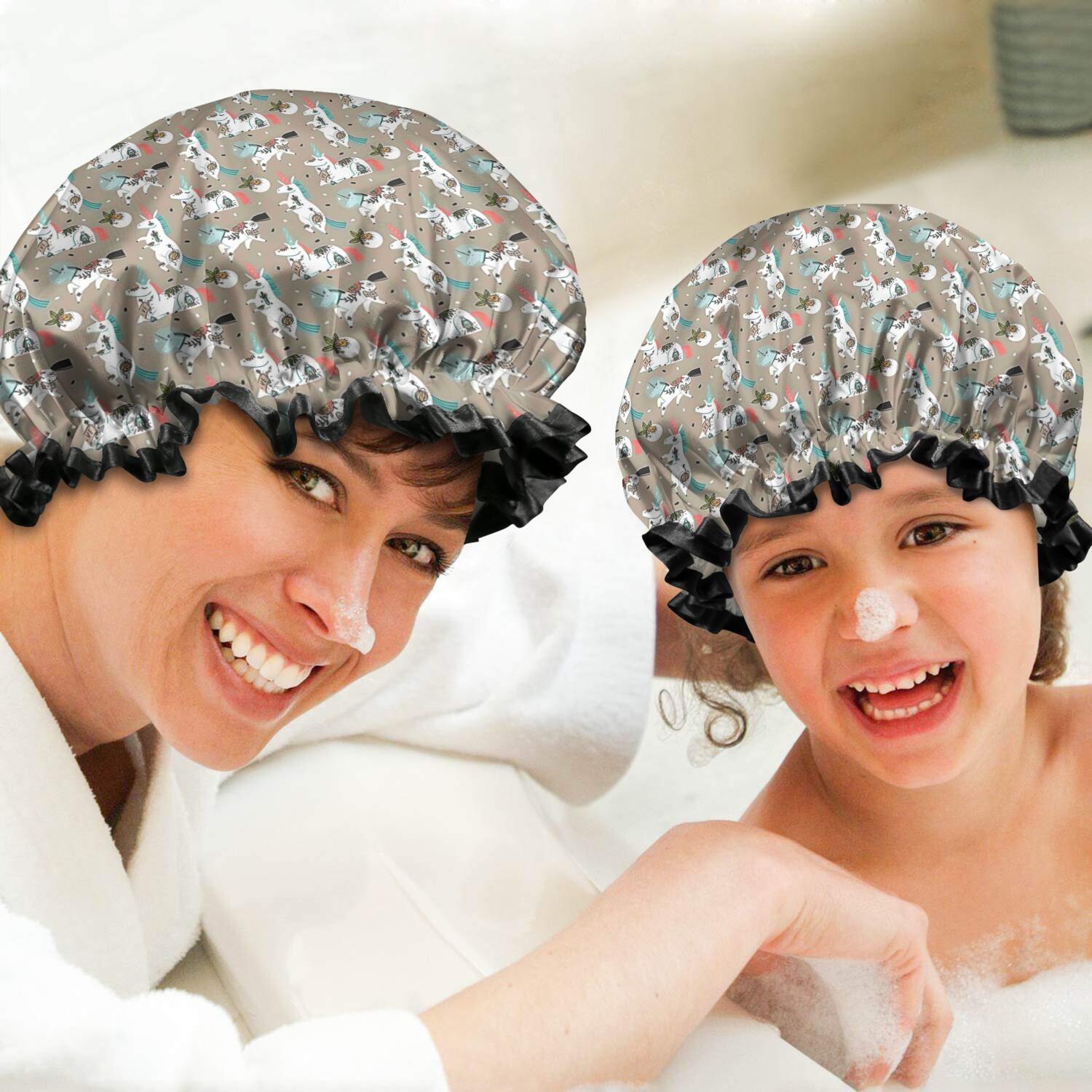 Shower Caps,Brown Cartoon Unicorn Pattern Waterproof Shower Cap for Women 4 Pieces,Double Reusable Hair Cover for Shower PEVA Elastic Stretch Hem