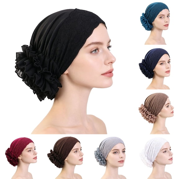 VJGBEGW Lace Trim Pre-Tied Turban Headscarf Hat for Women Floral Lace Ruffle Side Chemo Head Wrap Soft Stretch Breathable Hair Cover Head Scarf Cap Black One Size