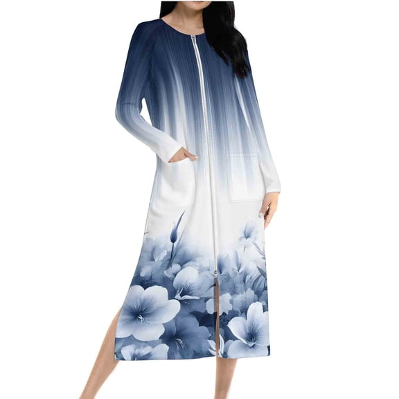 Zipper Front Robes for Women Trendy Graphic Floarl Print House Coat Long Sleeve Loungewear Full Lenght Nightgown with Pockets