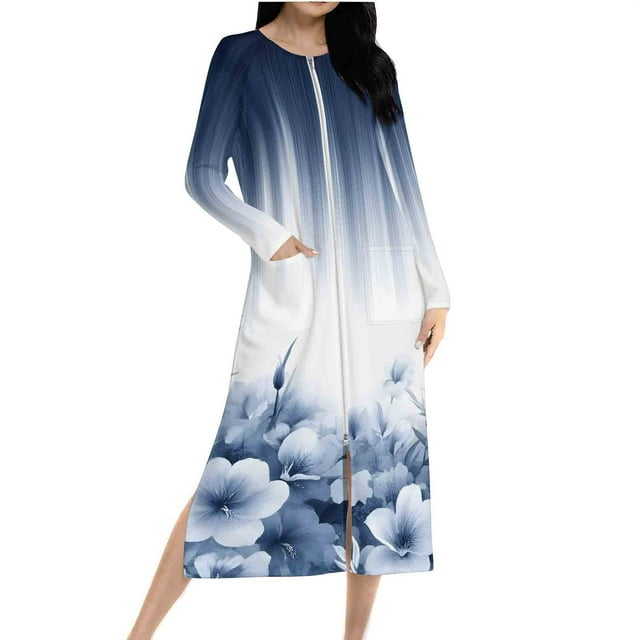 Ovingeta Robe de Pyjama pour Femmes Vêtements de Détente Amples Robe de Nuit à Fermeture Éclair Raglan Vêtements de Nuit Automne Hiver Vêtements de Maison Manches Longues PJs
