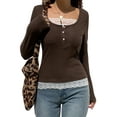 thumbnail image 5 of Franhais Women Casual T-shirt, U-neck Long Sleeve Lace Hem Vintage Shirt Leisure Tee Clothing for Female, 5 of 9