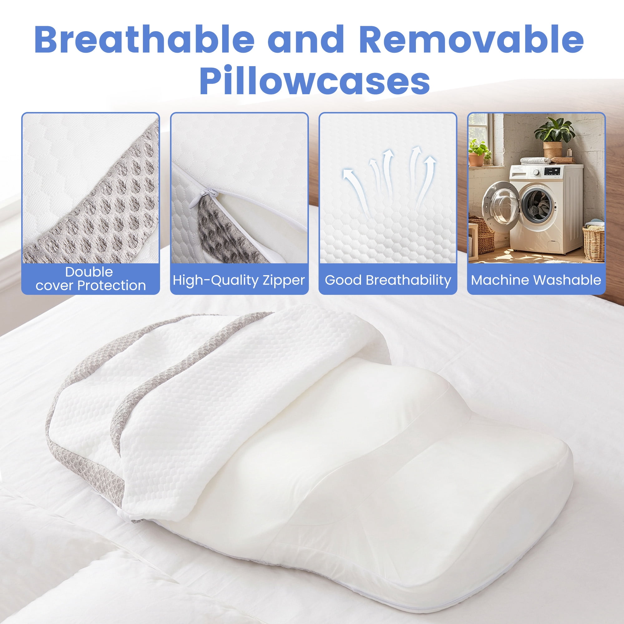 EDX King Size Square Cervical Pillows Memory Foam Double-Sided Pillow for Neck Pain Relief- Removable Cover,White and Gray