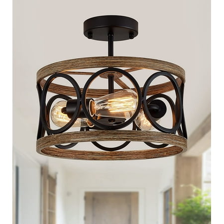 

KUSONG Semi Flush Mount Modern Farmhouse Ceiling Light Fixtures 3-Lights Black and Retro Wood Finish Drum Shade Rustic Light Fixtures for Entryway Hallway Foyer Kitchen Dining Room Bedroom