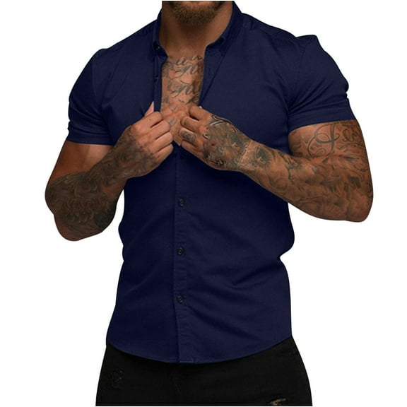 VANLOFE Short Sleeve for Mens Solid Blue Shirts Men's Slim-fit Turn-down Collar Button Business Shirt