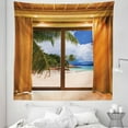 thumbnail image 1 of Beach Tapestry, Tropical Exotic Seashore View from Window with Curtains Summer Island Ocean Picture, Fabric Wall Hanging Decor for Bedroom Living Room Dorm, 5 Sizes, Amber Beige, by Ambesonne, 1 of 1