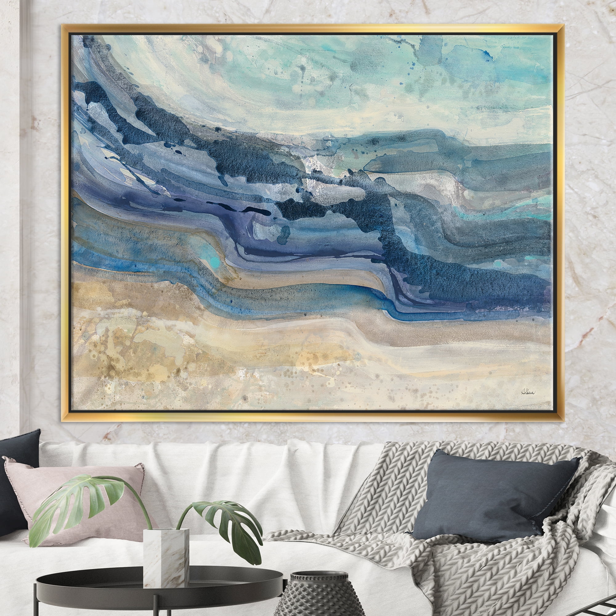 Designart ' Coast Blue Sea Waves Watercolour ' Modern Farmhouse Framed Canvas