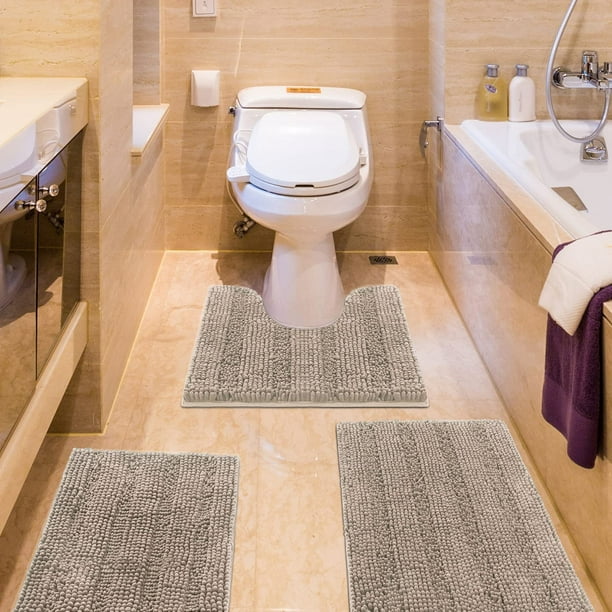 IM Home Striped Beige Bathroom Rug Set 3 Pieces Ultra Soft Non