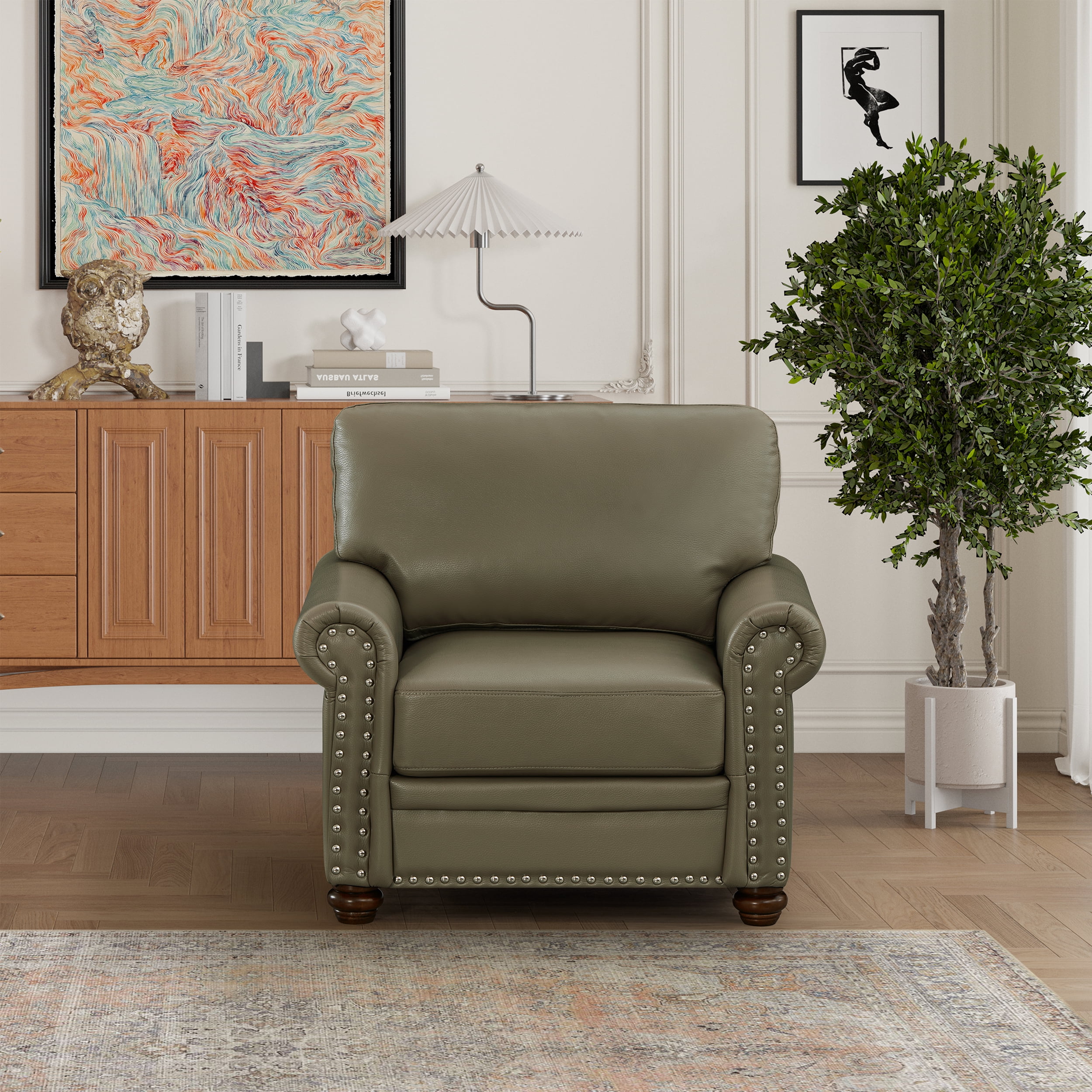 Classic Faux Leather Single Sofa Couch Armchair with Nailhead Trim and Removable Cushions for Living Room Office Apartment