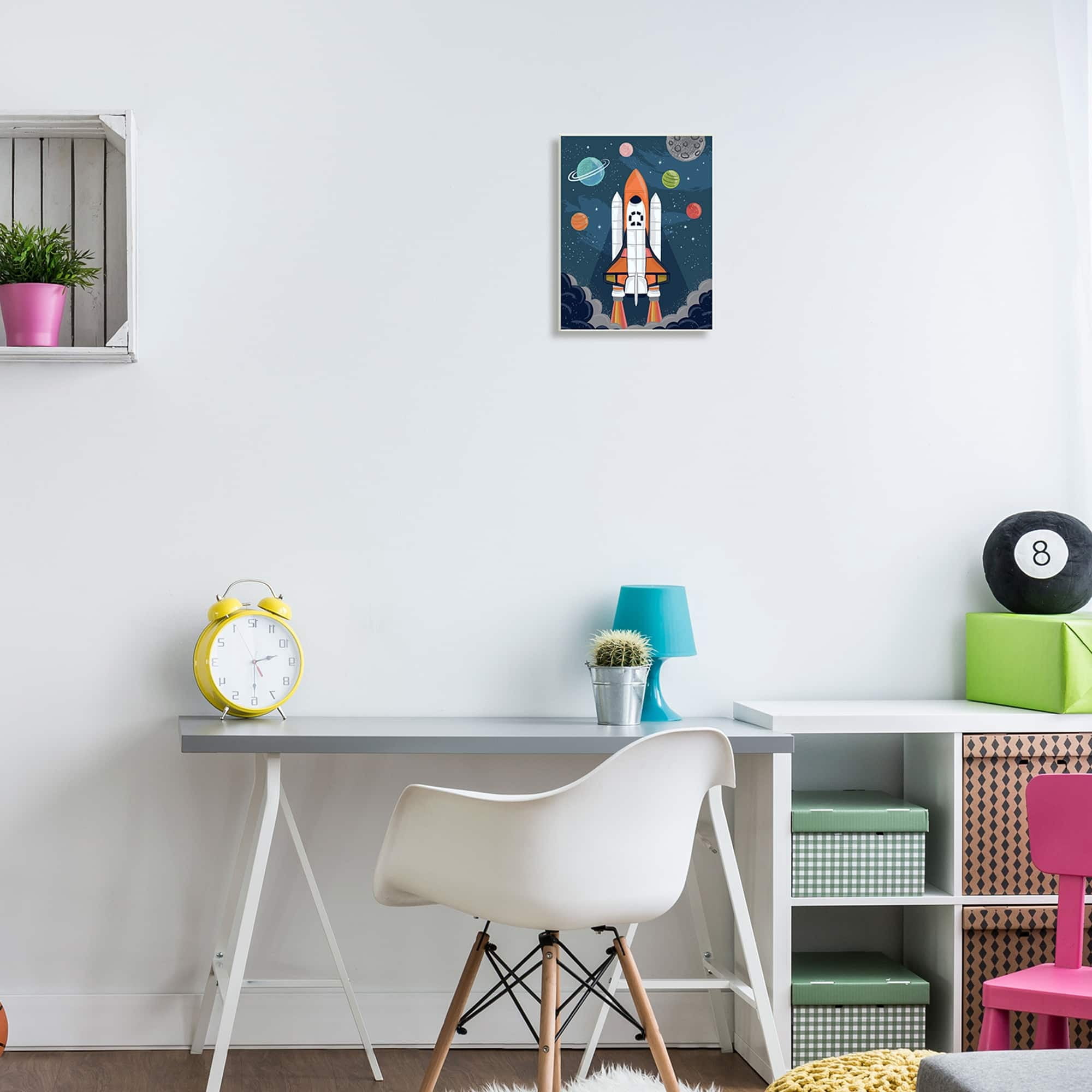 Stupell Industries Rocket Ship Ready for Flight Outer Space Planets Wood Wall Art, 10 x 15, Design by Lisa Perry Whitebutton
