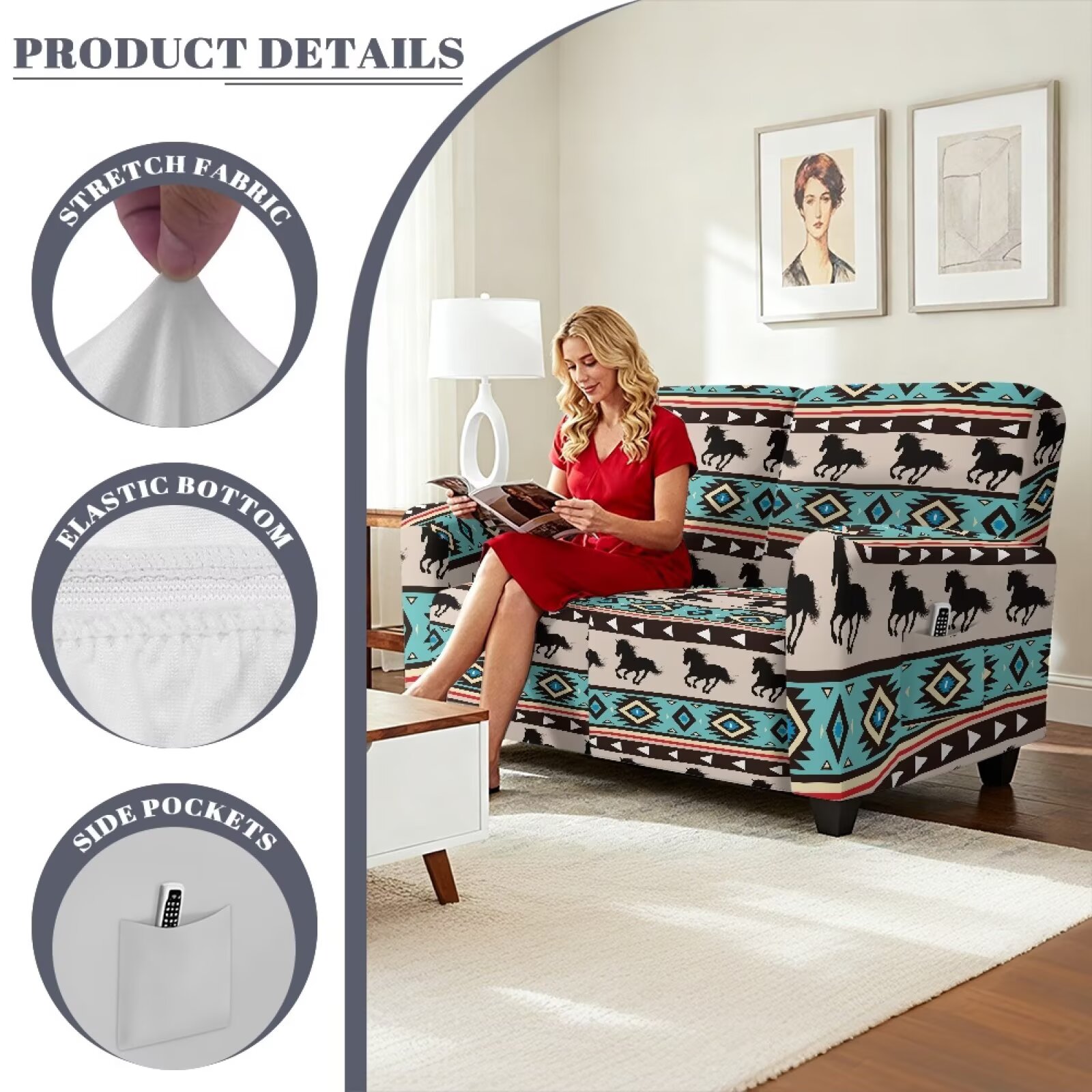 Yuyamidu Aztec Loveseat Recliner Covers 2 Seater Horse Recliner Loveseat Slipcover with Elastic Edge Breathable Reclining Couch Covers Gift for Friends