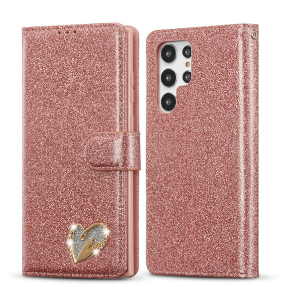 SaniMore Magnetic Closure Flip Wallet Case for Samsung Galaxy S23 Ultra, [RFID Blocking] Card Holder PU Leather Glitter Diamond Heart Cover with Kickstand Shockproof Protective Shell, Rosegold
