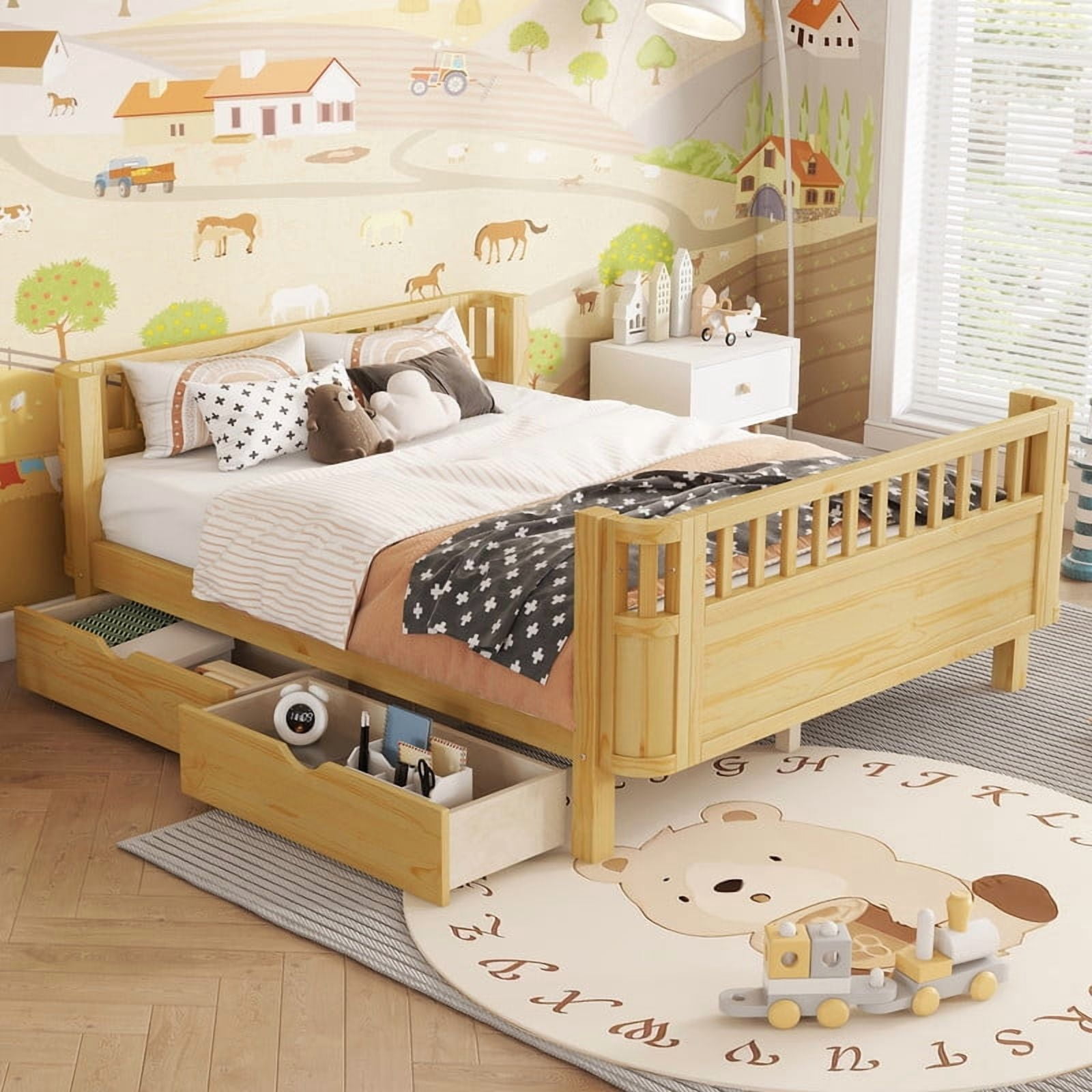 Full Size Bed Frame with Rails, Wood Montessori Bed Full with 2 Storage Drawers &Slats Support, Modern Daybed with Removable Bed Rails for Bedroom Living Room, Natural