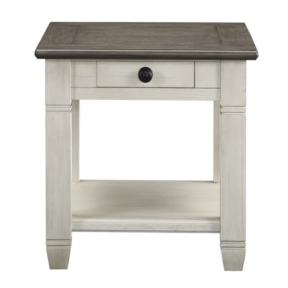 JERFIT End Table with Drawer, Accent Side Table for Living Room, 2-Tone Farmhouse Nightstand with Open Shelf, Antique White Finish