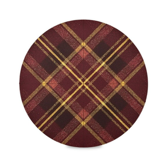 Round Placemat Heat Resistant & Wrinkle-Free Dining Table Decor Placemat For Home & Weddings Plaid in Dark Red