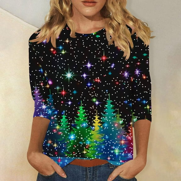 DailyTrove Women's Christmas 3/4 Sleeve Top, Gradient Light - Up Christmas Tree Print, Magical Fit, Soft Material, Christmas Events & Daily Casual