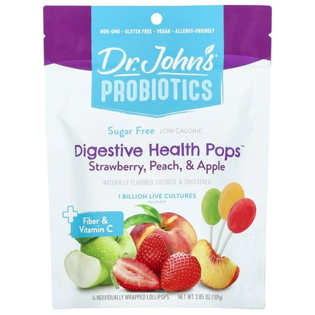 Dr. John's Healthy Sweets Probiotics, Digestive Health Pops™,   Fiber & Vitamin C, Strawberry, Peach & Apple, 14 Individually Wrapped Lollipops, 3.85 oz (109 g)