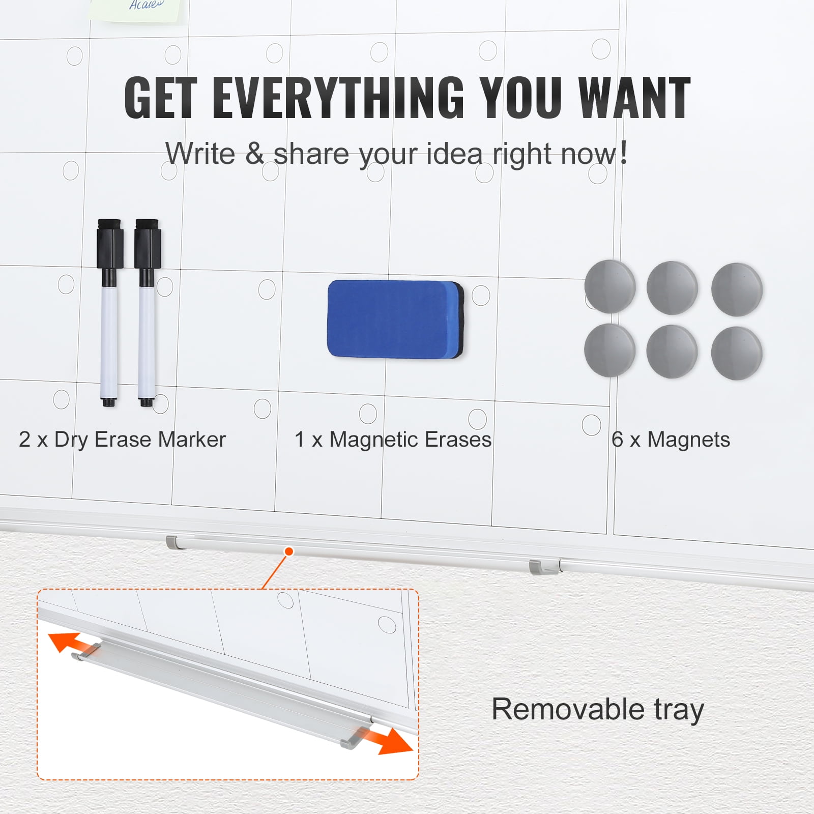 KFFKFF Whiteboard Calendar, Dimensions 36 x 24 Inches, Wall-Mounted Magnetic Monthly Planner, Comes with 1 Magnetic Eraser, 2 Dry Erase Markers & Detachable Tray, Ideal for Home, School