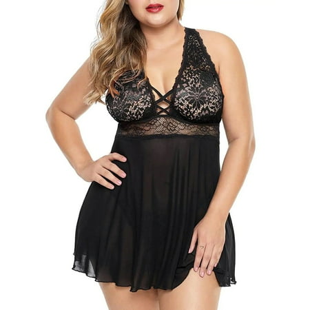 

KDDYLITQ Women Lace Sexy Lingerie Sleepwear Babydoll Nightgown Chemise V Neck Nightdress Black S