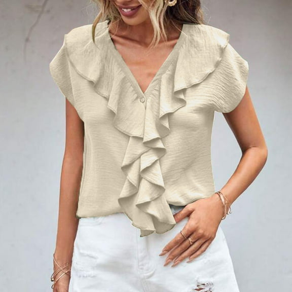 ECZHAW Women Summer Dressy Casual Tops Ruffle V Neck Shirt Business Work Blouse,Women's Summer Tops