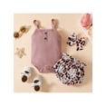 thumbnail image 2 of Seyurigaoka 3-Piece Baby Girls Outfit, Ribbed Spaghetti Strap Snaps Romper + Floral Print Pantie + Bow Headband for Toddler, 0-18 Months, 2 of 8