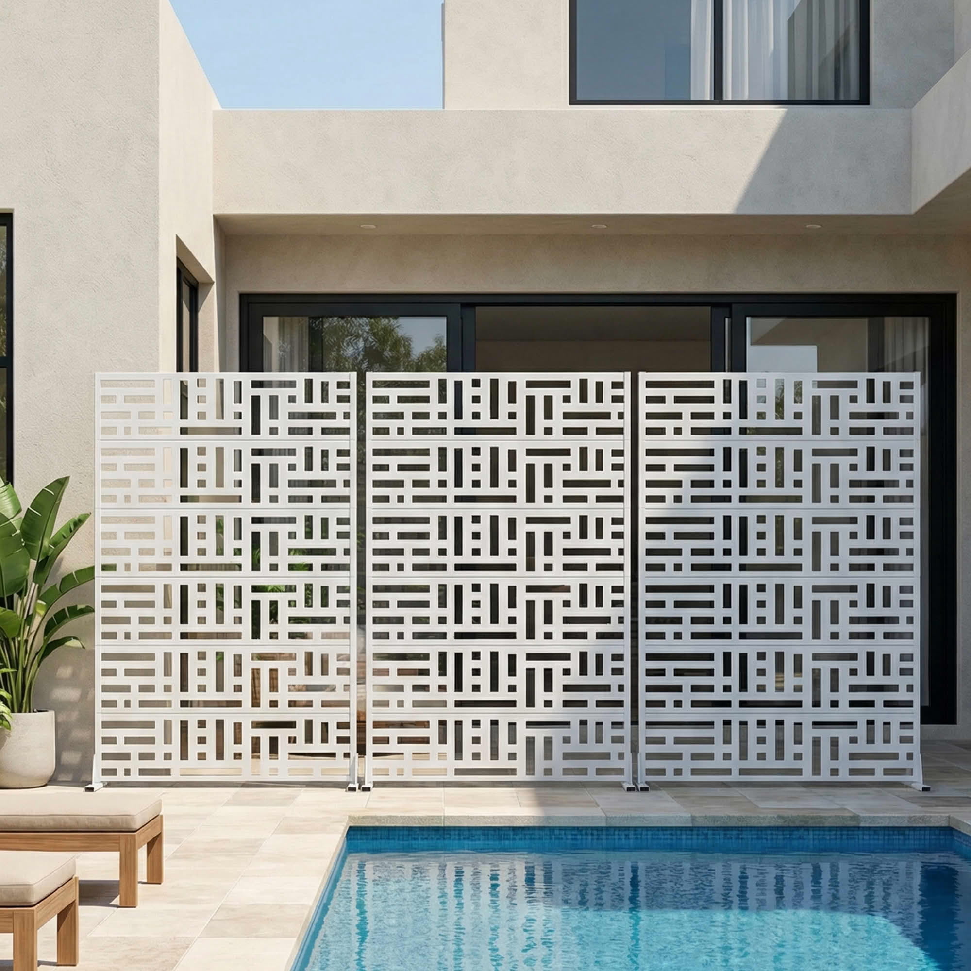 MAYEERTY 72"x47" Outdoor Privacy Screen, 6-Panel White Street Pattern Galvanized Steel Screen, Decorative Cutout Fence for Patio Yard