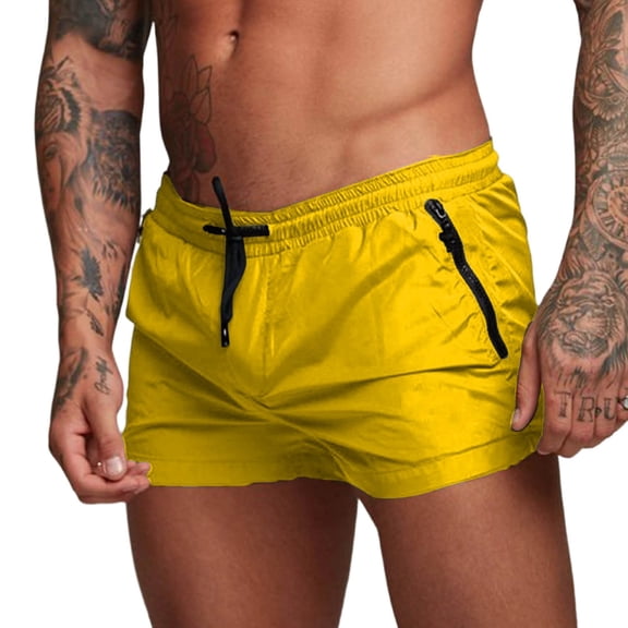 Zylarhe Women's Shorts, Solid Color Zipper Casual Shorts 3 Inch Inseam Summer Athletic Outdoor Comfortable Elastic Waist Lightweight Athletic Shorts for Men with Pockets Yellow S