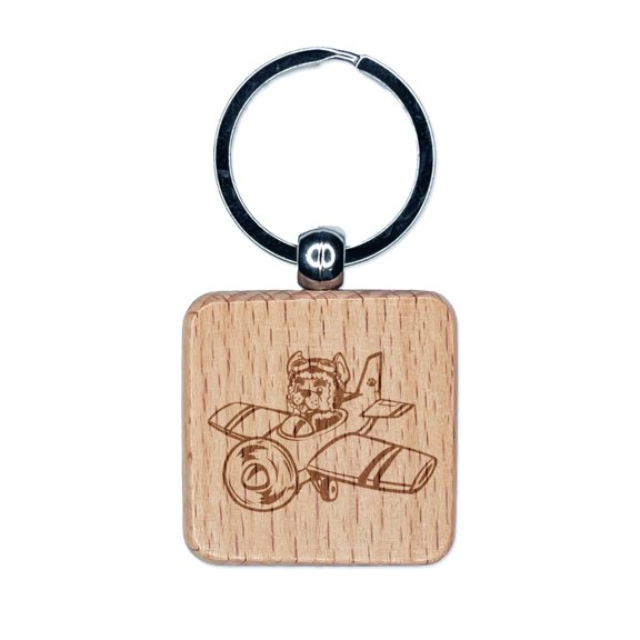 Puppy Pilot Dog in Airplane Square Keychain Charm Tag - Engraved Wood