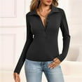 thumbnail image 2 of WTOBBY Women's Casual Solid Color V Neck Button Down Collar Long Sleeve Polo Shirt, Classic Preppy Style Top, Comfortable Stretch Blouse,Black S, 2 of 6