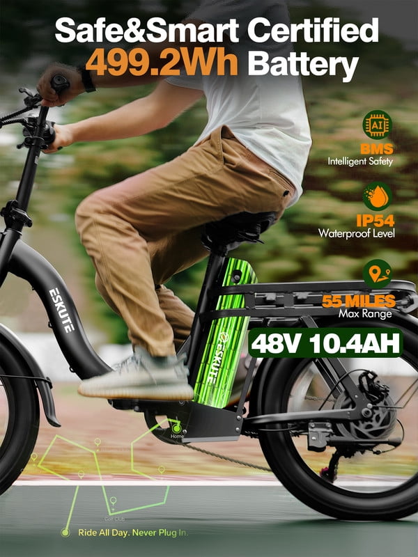 ESKUTE D200 Electric Bike for Adults 1200W Peak Motor 28 Mph, Folding Fat Tire E‑Bike, 48V 10.4Ah Up to 55 Miles, with 7‑Speed Step‑Through Cargo Fold E Bicycle, NFC Unlock, Gray with Lock, UL2849