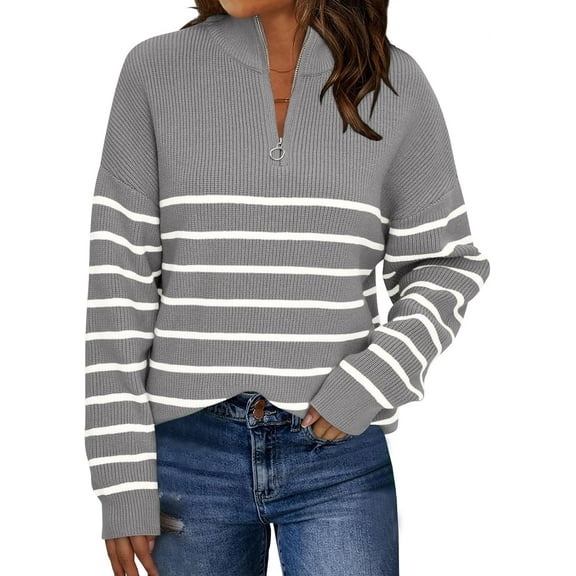 Women's Quarter Zip Striped Oversized Sweater Mock Turtleneck Pullover Fall Fashion Outfit Winter Trendy Clothes