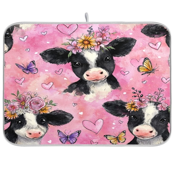RMDQTR 18 x 24 Inch Dish Drying Mat Microfiber Composite Sponge Kitchen Mats Large Counter Absorbent Dish Pad Cute Baby Cows with Flowers
