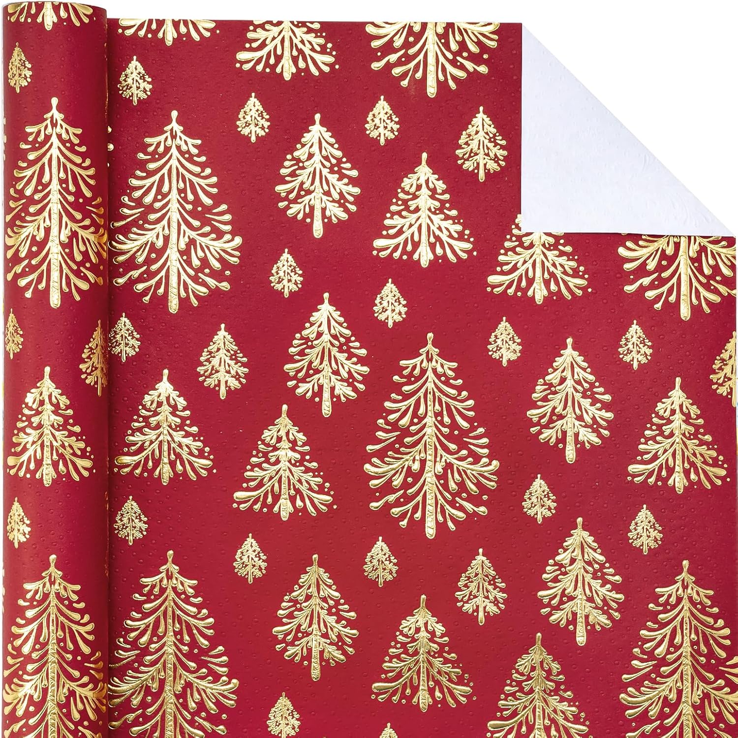 3D Kraft Christmas Wrapping Paper Roll - Mini Roll - 17 Inch x 16.5 Feet - Gold and Red Christmas Tree Wrapping Paper with Embossed Perfect for Holiday, Party Celebration