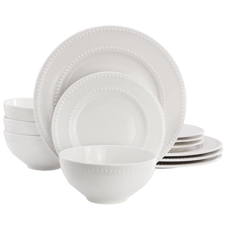 Elama Genevieve 12 Piece Stoneware Dinnerware Set in White, Service for 4