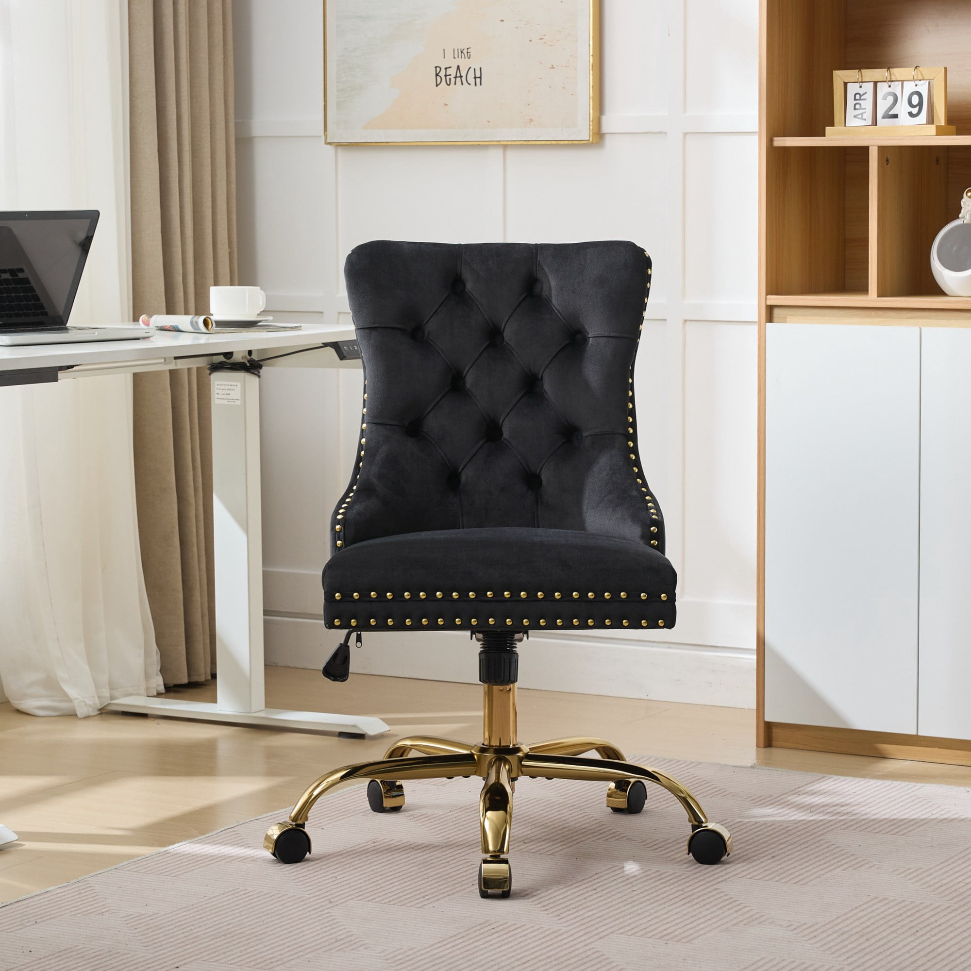 SESSLIFE Swivel Vanity Chair, Modern Office Chair with Wheels, Golden Metal Base, Velvet Upholstered Tufted Button Home Office Chair with Adjustable Height, Ergonomic Home Desk Chair, Black