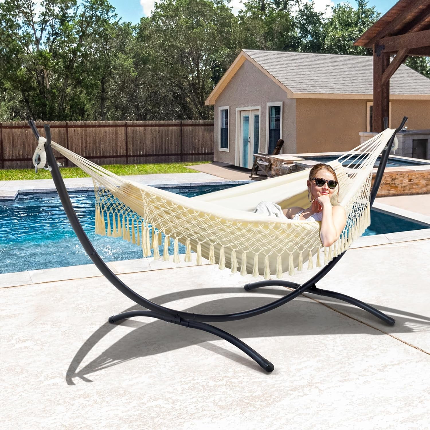SUNCREAT Portable Outdoor Hammock with Stand Included, Double Hammock with Tassel for Outside, Beige