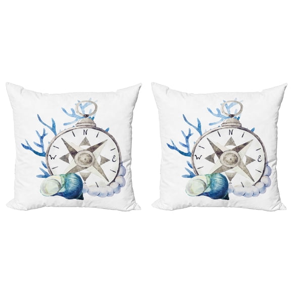Ambesonne Compass Throw Pillow Cover 2 Pack, Watercolor Nautical, 24", Navy Blue Eggshell