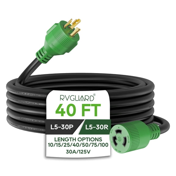 RVGUARD 3 Prong 30 Amp 40 Foot Generator Extension Cord, NEMA L5-30P/L5-30R 125V 10 Gauge SJTW Generator Power Cord with Cord Organizer, ETL Listed