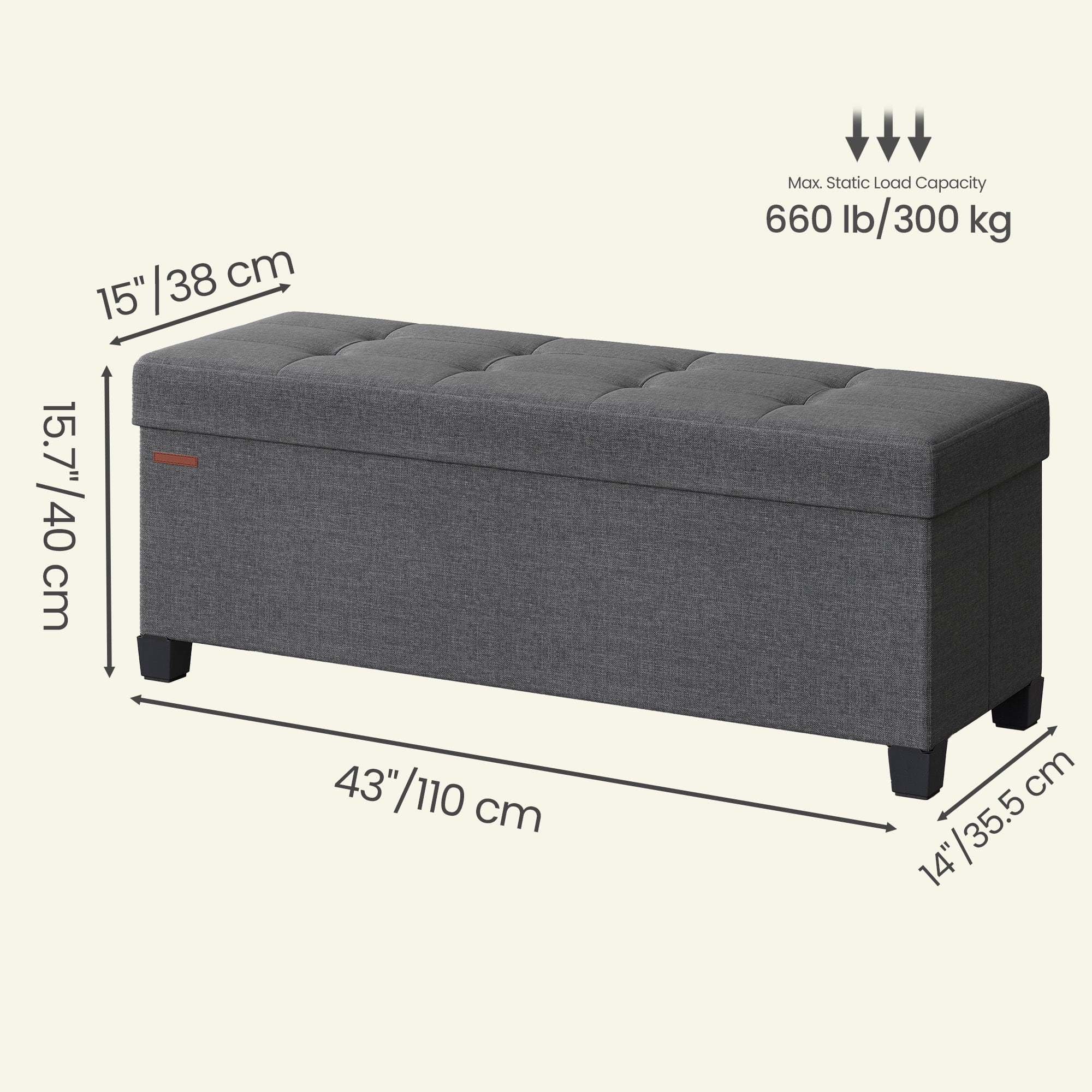 Ledrem Large Folding Storage Ottoman Bench with Footrest, Slate Gray