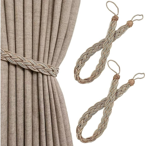 2 Pack Curtains Tied Rope Tiebacks Hand Knitting Curtains Tiebacks for Home Drapes and Curtain Decor Braided Curtain Tiebacks Holders(Khaki)