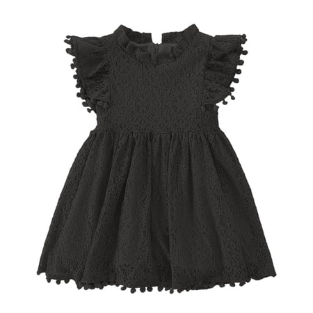 

JNKLWPJS Toddler Girls Hollow Lace Pom Pom Flutter Sleeve Princess Party Dress Black 80CM