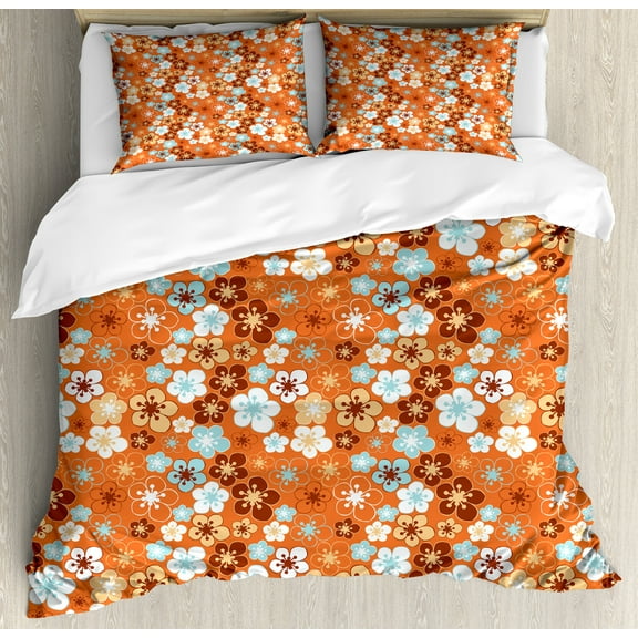 Orange Duvet Cover Set, Old Fashioned Doodle Flora Abstract Blooming Meadow in Summer Theme, Decorative 3 Piece Bedding Set with 2 Pillow Shams, King Size, Sky Blue Orange Brown, by Ambesonne