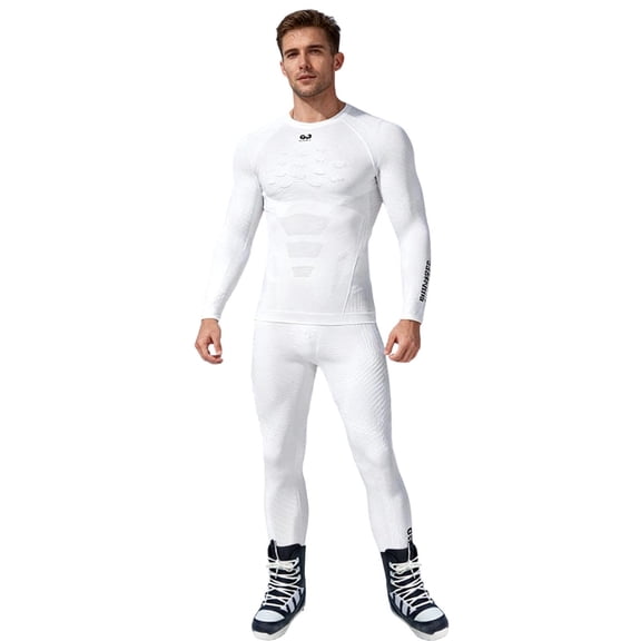 MOJOGO Men's Ski Thermal Underwear Set Quick Dry Crewneck Top Long Johns Warm Base Layer for Outdoor Cycling Running Hiking Sports White XL