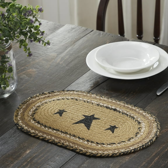 VHC Brands Kettle Grove, Dining Table Placemat, Braided Jute, Stars, Oval, Tan & Black, 10x15