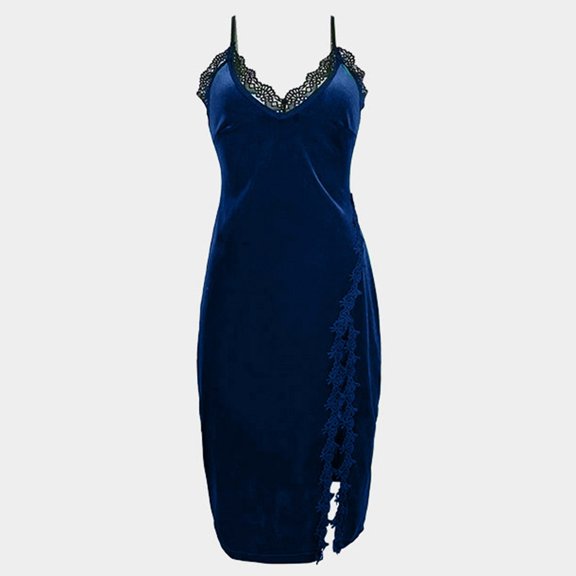 JIAYUE Women's Dresses Velvet Lace Trim Deep V Neck Summer Loungewear Spaghetti Straps Knee Length Sleeveless Split Hem Dress